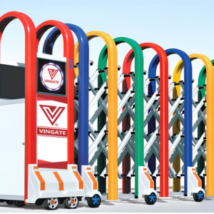 Cận cảnh đầu kéo cổng xếp nhôm nhập khẩu V47 phối màu đa sắc nổi bật với logo Vingate và màn hình LED.