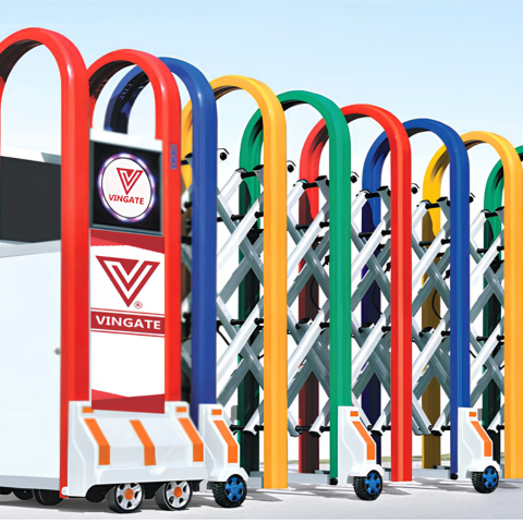 cong-xep-nhom-nhap-khau-co-cap-v47 Cận cảnh đầu kéo cổng xếp nhôm nhập khẩu V47 phối màu đa sắc nổi bật với logo Vingate và màn hình LED.