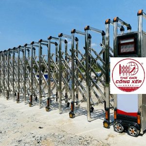 Cổng xếp inox V03 tự động cho nhà máy và công ty