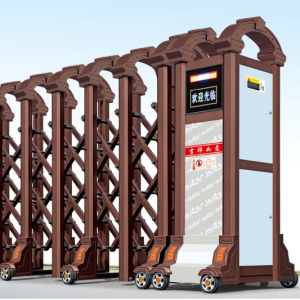 Hình ảnh mẫu cổng xếp tự động nhập khẩu model JH-055 cao cấp màu nâu đồng, thiết kế vòm trang trí cổ điển và tích hợp bảng LED hiển thị thông minh.
