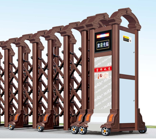 cong-xep-nhap-jh-055 Hình ảnh mẫu cổng xếp tự động nhập khẩu model JH-055 cao cấp màu nâu đồng, thiết kế vòm trang trí cổ điển và tích hợp bảng LED hiển thị thông minh.