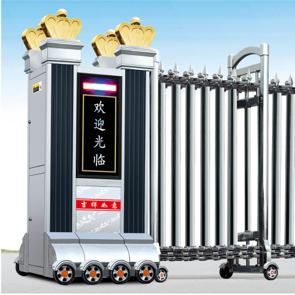 cong-xep-nhom-nhap-khau-hg-001 Phối cảnh cổng xếp nhôm nhập khẩu HG-001 màu trắng bạc sang trọng.