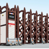 Cửa xếp tự động hợp kim nhôm JH-048 màu nâu đồng cổ điển, thiết kế chắc chắn cho cổng chính nhà máy, xí nghiệp.