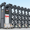 Cổng xếp nhôm nhập khẩu JH-054 với thiết kế trụ vững chãi, mái che kiến trúc độc đáo và hệ thống vận hành tự động thông minh.