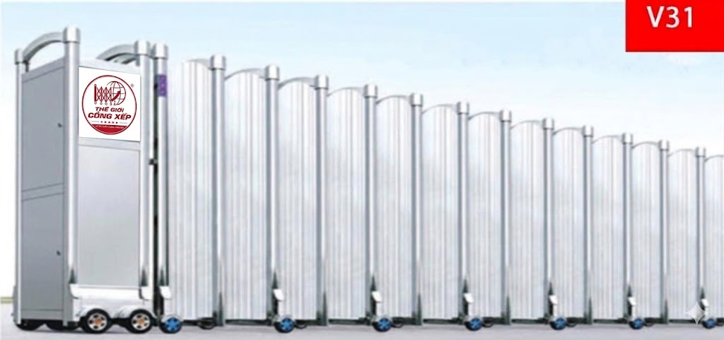 Cổng xếp tự động V31 có lá gió lắp đặt chuyên nghiệp tại Thế Giới Cổng Xếp