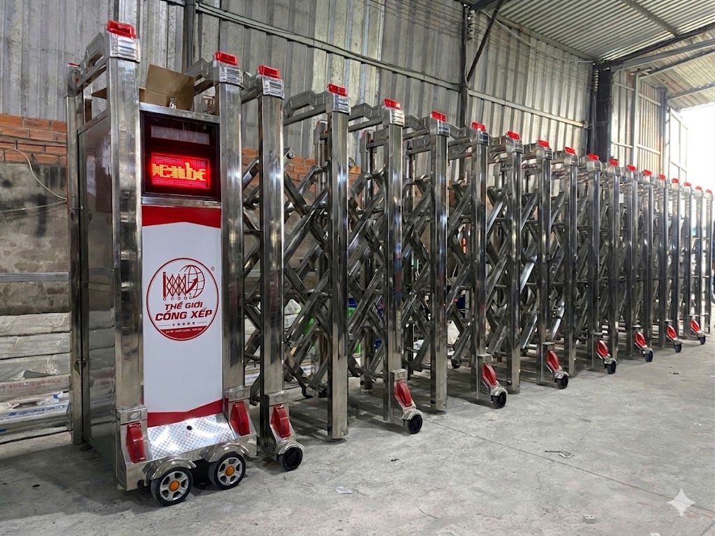 Cổng xếp tự động V013A ứng dụng lắp đặt tại nhà máy, khu công nghiệp, trường học,