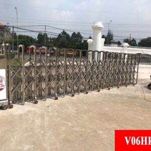 Cổng xếp tự động V06HR inox cao cấp tích hợp hàng rào chắn an ninh