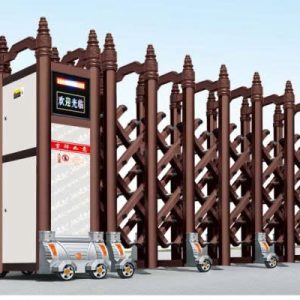 Cửa xếp tự động hợp kim nhôm JH-048 màu nâu đồng cổ điển, thiết kế chắc chắn cho cổng chính nhà máy, xí nghiệp.