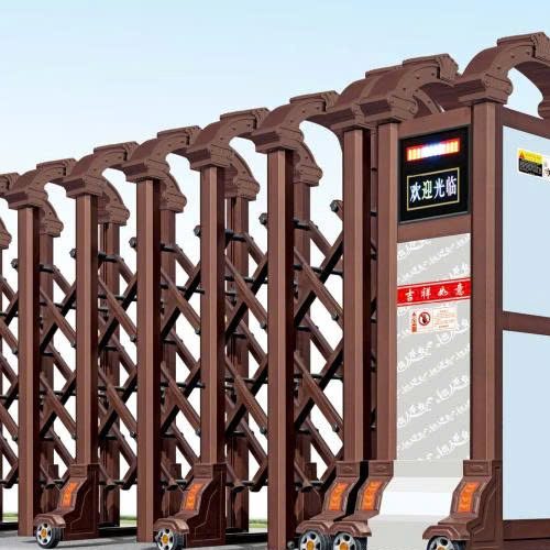 jh-055 Hình ảnh mẫu cổng xếp tự động nhập khẩu model JH-055 cao cấp màu nâu đồng, thiết kế vòm trang trí cổ điển và tích hợp bảng LED hiển thị thông minh.