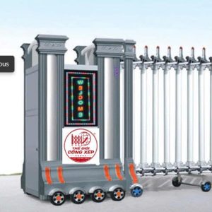 Cổng xếp nhôm tự động V39 thiết kế hiện đại, chất liệu hợp kim nhôm cao cấp, vận hành ổn định phù hợp nhà máy, công ty, trường học và khu công nghiệp.
