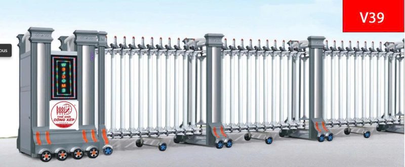 Mẫu cổng xếp nhôm tự động V39 cao cấp, đóng mở êm ái và bền bỉ.