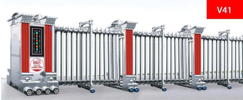 Sự kết hợp hoàn hảo giữa chất liệu Inox sáng bóng và các thanh nan đỏ nổi bật, mang lại vẻ đẹp hiện đại và sang trọng cho cổng chính.