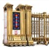 Cận cảnh đầu kéo cổng xếp nhôm nhập khẩu Vingate màu đồng cổ điển tích hợp màn hình LED hiển thị chữ Welcome.