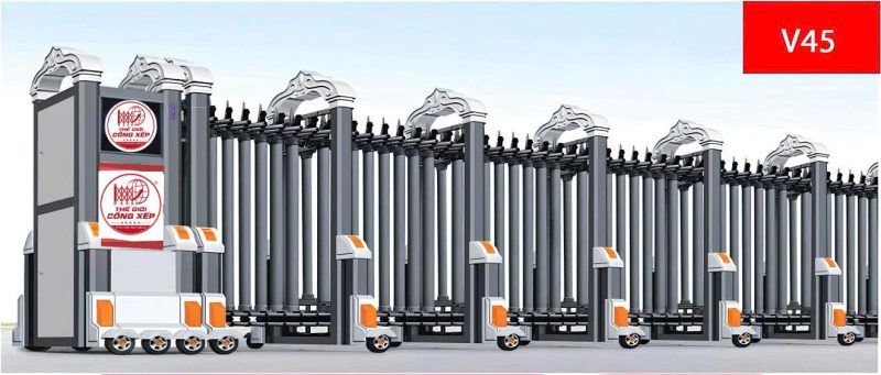 Cổng xếp nhôm nhập khẩu cao cấp với tông màu xám ghi hiện đại, thiết kế nan trụ chắc chắn phù hợp cho các khu công nghiệp và cơ quan.