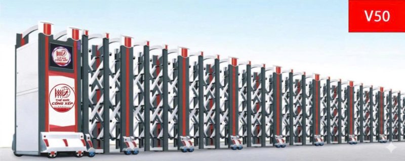 Mẫu cổng xếp nhôm nhập khẩu cao cấp V50 thiết kế hiện đại, đóng mở linh hoạt phù hợp cho nhà máy và cơ quan.