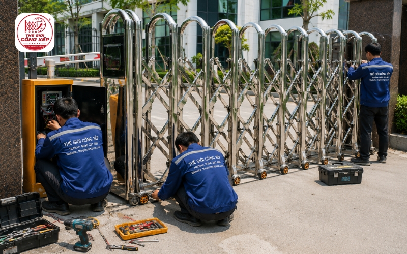 lắp đặt cổng xếp inox