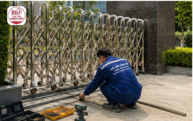 lắp đặt cổng xếp inox